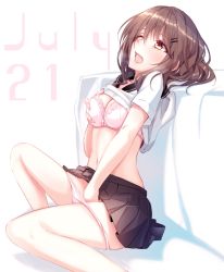 Rule 34 | 1girl, bad id, bad twitter id, bandana, blush, bra, brown eyes, brown hair, clothes lift, female masturbation, fingering, from side, hair ornament, hairpin, hand on own chest, haruka natsuki, july, lace, lace-trimmed bra, lace trim, masturbation, neckerchief, one eye closed, open mouth, original, panties, panty pull, pink panties, pleated skirt, sailor collar, school uniform, serafuku, shirt, shirt lift, simple background, sitting, skirt, solo, spread legs, sweater vest, underwear, white background, white shirt