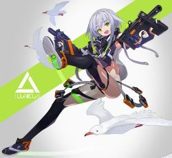 Rule 34 | 1girl, :d, bird, commentary request, dual wielding, finger on trigger, green eyes, grey hair, gun, hide448, highres, holding, holding gun, holding weapon, looking at viewer, open mouth, original, science fiction, seagull, shoes, short hair with long locks, smile, sneakers, solo, submachine gun, thighhighs, weapon