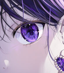 Rule 34 | 1girl, close-up, commentary, earrings, eye focus, eyelashes, jewelry, light particles, looking at viewer, mahiru yura, original, portrait, purple eyes, purple hair, solo, symbol-only commentary