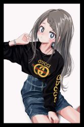 Rule 34 | 1girl, absurdres, bad id, bad twitter id, black border, black sweater, border, bracelet, braid, braided bangs, bright pupils, closed mouth, denim, denim skirt, gishiki (gshk), grey eyes, grey hair, gucci, highres, jewelry, long sleeves, looking at viewer, original, simple background, sitting, skirt, solo, sweater, white background, white pupils, yokozuwari
