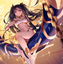 Rule 34 | 1girl, artist name, bandeau, bare shoulders, barefoot, black hair, black legwear, black ribbon, black sleeves, breasts, bridal legwear, broken glass, chain, closed mouth, collarbone, commentary, detached sleeves, earrings, fate/grand order, fate (series), glass, hair ribbon, hoop earrings, ishtar (fate), jewelry, long hair, long sleeves, looking at viewer, navel, outstretched arm, parted bangs, pixiv id, red eyes, revealing clothes, ribbon, rimuu, single detached sleeve, sitting, small breasts, smile, solo, sparkle, stomach, strapless, tube top, twitter username, two side up, very long hair