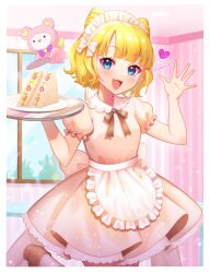 Rule 34 | 1girl, :d, apron, blonde hair, blue eyes, blunt bangs, border, brown dress, commentary request, cone hair bun, cowboy shot, double bun, dress, frilled apron, frilled dress, frills, fruit sandwich, hair bun, hands up, highres, holding, holding tray, indoors, kuma (pripara), looking at viewer, maid, maid apron, maid headdress, mendamen, minami mirei, neck ribbon, open hand, open mouth, plate, pretty series, pripara, puffy short sleeves, puffy sleeves, ribbon, short hair, short sleeves, smile, standing, standing on one leg, stuffed animal, stuffed toy, teddy bear, tray, waist apron, white apron, white border, window