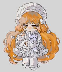 Rule 34 | 1girl, bonnet, bow, chibi, dress, frilled hat, frills, full body, hair bow, hat, highres, ishmael (project moon), limbus company, lolita fashion, long hair, long sleeves, looking at viewer, njaja kanja, orange hair, pantyhose, project moon, shoes, sidelocks, simple background, solo, very long hair, white background, white bow, white dress, white footwear, white hat, white pantyhose