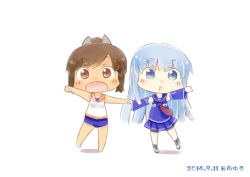 Rule 34 | 10s, 2girls, :d, aoki hagane no arpeggio, bad id, bad pixiv id, blue eyes, blue hair, brown eyes, brown hair, chibi, crossover, dark-skinned female, dark skin, detached sleeves, hair ornament, hinata yuu, holding hands, i-401 (kancolle), iona (aoki hagane no arpeggio), kantai collection, looking at viewer, multiple girls, name connection, open mouth, outstretched arms, pleated skirt, ponytail, school swimsuit, school uniform, serafuku, skirt, smile, spread arms, swimsuit, swimsuit under clothes
