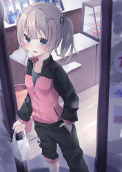Rule 34 | 1girl, asymmetrical pants, bad id, bad pixiv id, bag, black pants, black ribbon, black shirt, blue eyes, blush, brown hair, collarbone, commentary request, fingernails, hair ornament, hair ribbon, hairclip, hand in pocket, highres, holding, holding bag, indoors, jacket, long sleeves, looking at viewer, multicolored hair, nail polish, open door, open mouth, original, pants, pink jacket, pink nails, plastic bag, red hair, ribbon, shirt, shop, sliding doors, solo, standing, streaked hair, tsuruse, twintails, x hair ornament
