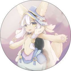 Rule 34 | 1other, :3, absurdres, blue headwear, blue pants, brown background, brown fur, commentary request, ears through headwear, furry, grey hair, gumi (guminghc), hair between eyes, helmet, highres, horizontal pupils, looking at viewer, made in abyss, nanachi (made in abyss), open mouth, other focus, outstretched arms, pants, puffy pants, round image, short hair with long locks, sideways glance, solo, spread arms, tail, topless, whiskers, yellow eyes