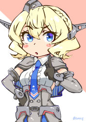 Rule 34 | 1girl, :o, black gloves, blonde hair, blue necktie, blush stickers, breasts, capelet, chibi, colorado (kancolle), commentary request, detached sleeves, dress, garrison cap, gloves, grey capelet, grey hat, hair between eyes, hat, headgear, highres, izumikuma, kantai collection, necktie, parted lips, pointing, pointing at self, short hair, simple background, small breasts, solo, star (symbol), twitter username