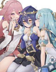 Rule 34 | 3girls, :d, absurdres, aqua hair, blue hair, breasts, commentary request, detached sleeves, dress, faruzan (genshin impact), genshin impact, hair ornament, hand up, highres, hood, juliet sleeves, layla (genshin impact), long hair, long sleeves, medium breasts, multiple girls, open mouth, pantyhose, pink hair, puffy sleeves, purple eyes, red skirt, shirt, simple background, skirt, smile, thighlet, thighs, ura (hamburg oniku), very long hair, white background, white dress, white pantyhose, white shirt, x hair ornament, yae miko, yellow eyes