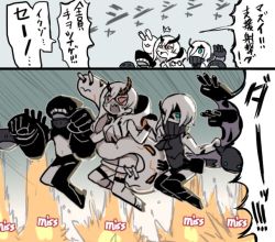 Rule 34 | 2koma, 3girls, ^^^, abyssal ship, asymmetrical legwear, clenched hands, comic, commentary, covering own mouth, explosion, fang, green eyes, greyscale, hair between eyes, hair over one eye, heavy cruiser princess, helmet, holding hands, hood, hooded jacket, jacket, jumping, kantai collection, looking up, midriff, monochrome, motion lines, multiple girls, navel, ne-class heavy cruiser, red eyes, short hair, sleeveless, speech bubble, splashing, spot color, sweat, teeth, terrajin, thighhighs, torpedo, torpedo launcher, torpedo tubes, translated, truth, tsu-class light cruiser, turret, uneven legwear, wavy mouth, weapon