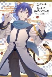 Rule 34 | 1boy, absurdres, animal ears, blue eyes, blue hair, blue nails, blue scarf, claw pose, coat, commentary request, fang, fingernails, flower, grey pants, hands up, headset, highres, kaito (vocaloid), long sleeves, looking at viewer, male focus, open mouth, pants, parang 99, scarf, short hair, skin fang, solo, tail, tiger boy, tiger ears, tiger tail, translation request, twitter username, vocaloid