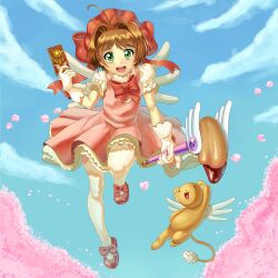 Rule 34 | 1girl, :3, :d, ahoge, arm up, blouse, blue sky, bow, bowtie, brown hair, card, cardcaptor sakura, cherry blossoms, commentary, dress, english commentary, falling petals, flying, footwear bow, frilled gloves, frilled shirt, frills, full body, gloves, green eyes, happy, hat, holding, holding card, holding wand, huge bow, kero (cardcaptor sakura), kikino, kinomoto sakura, knees up, lion, looking at viewer, magical girl, mary janes, open mouth, pantyhose, petals, petticoat, pinafore dress, pink bow, pink bowtie, pink dress, puffy short sleeves, puffy sleeves, red footwear, red headwear, shirt, shoes, short hair, short sleeves, sky, sleeveless, sleeveless dress, smile, solid circle eyes, straight-on, wand, white gloves, white pantyhose, white wings, wide-eyed, winged wand, wings