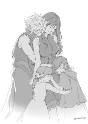 Rule 34 | 2boys, 2girls, absurdres, apron, bare arms, bare shoulders, braid, braided ponytail, breasts, child, closed eyes, closed mouth, cloud strife, denzel (ff7), earrings, family, final fantasy, final fantasy vii, final fantasy vii advent children, greyscale, hair ribbon, highres, hug, hug from behind, jewelry, large breasts, long hair, marlene wallace, midriff peek, monochrome, multiple boys, multiple girls, ribbon, shirt, short hair, shorts, single earring, sleeveless, sleeveless shirt, smile, spiked hair, square enix, swept bangs, tifa lockhart, twitter username, vest, waist apron, zoewingsz