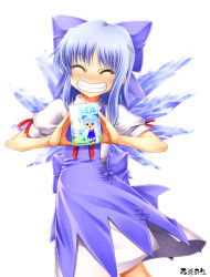 Rule 34 | 1girl, ^ ^, blue dress, blue hair, blush, bow, can, cirno, closed eyes, conagusuri, dress, female focus, grin, hair bow, holding, ice, ice wings, milk, puffy sleeves, ribbon, short sleeves, simple background, smile, solo, touhou, uraomote, wings
