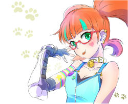 Rule 34 | 1girl, bell, neck bell, bespectacled, breasts, cleavage, collar, earrings, facial tattoo, glasses, gloves, green eyes, heart, highres, iesupa, jewelry, multicolored hair, neon katt, orange hair, paw print, rwby, solo, streaked hair, tattoo, tongue, tongue out