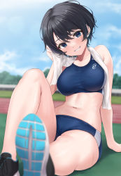 Rule 34 | 1girl, absurdres, bare arms, bare legs, bare shoulders, black hair, blue buruma, blue eyes, blurry, breasts, buruma, collarbone, crop top, day, depth of field, grin, highres, knee up, large breasts, looking at viewer, midriff, navel, original, outdoors, rama (yu-light8), shoes, short hair, sitting, sleeveless, smile, sneakers, solo, sports bra, stomach, sweat, taut clothes, thighs, towel, towel around neck, track and field