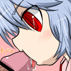 Rule 34 | 1girl, bad id, bad pixiv id, bar censor, blue hair, censored, fellatio, hakika, licking, lowres, oral, penis, red eyes, remilia scarlet, saliva, solo focus, tongue, touhou