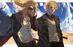 Rule 34 | 2boys, absurdres, adjusting eyewear, black jacket, black nails, blonde hair, cloud, cloudy sky, coat, collared jacket, daybit sem void, desert, eeju, fate/grand order, fate (series), floating hair, hair between eyes, highres, jacket, jewelry, looking to the side, male focus, midriff, multiple boys, navel, necklace, necktie, open clothes, open jacket, sand, shirt, sky, standing, sunglasses, tezcatlipoca (fate), upper body, v-neck, white shirt