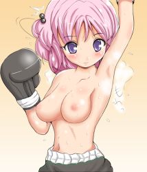 Rule 34 | 1girl, armpits, blush, boxer briefs, boxers, boxing gloves, breasts, closed mouth, male underwear, medium breasts, momo velia deviluke, navel, nipples, pink hair, purple eyes, simple background, solo, sportswear, steaming body, sweat, to love-ru, topless, underwear