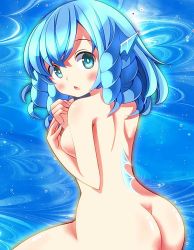 Rule 34 | 1girl, animal ears, ass, back, bad id, bad pixiv id, blue eyes, blue hair, blush, breasts, fins, head fins, looking back, matching hair/eyes, nude, oimo (imoyoukan), oimonocake, open mouth, personification, short hair, solo, touhou, wakasagihime