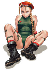 Rule 34 | 1girl, antenna hair, arm support, ass, bad id, bad pixiv id, bare shoulders, beret, blonde hair, blue eyes, bodypaint, boots, braid, breasts, cameltoe, cammy white, camouflage, capcom, combat boots, gloves, green leotard, hat, highleg, highleg leotard, highres, leotard, long hair, looking at viewer, partially visible vulva, scar, sitting, spread legs, street fighter, thong leotard, ug (ugg)