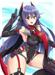 Rule 34 | 1girl, :d, android, armpits, black gloves, black leotard, black thighhighs, breasts, canadiananiguy, cowboy shot, elbow gloves, garter straps, gloves, hair between eyes, highres, large breasts, leotard, long hair, open mouth, orange eyes, poppi (xenoblade), poppi qtpi (xenoblade), purple hair, robot ears, smile, solo, thighhighs, very long hair, xenoblade chronicles (series), xenoblade chronicles 2