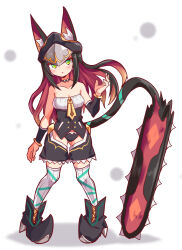 Rule 34 | 1girl, :o, ankle boots, black choker, black hair, black hat, black shirt, black shorts, boots, choker, commentary, cougar (cougar1404), crotch cutout, detached sleeves, ears through headwear, full body, green eyes, grey thighhighs, hat, jagged sword, long hair, looking at viewer, multicolored hair, original, parted lips, pink hair, pointy footwear, prototype design, ribbed thighhighs, rubirina (cougar1404), shirt, shorts, solo, strapless, strapless shirt, thighhighs, two-tone hair, white background
