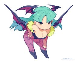 Rule 34 | 1girl, animal print, bat print, bat wings, bent over, black leotard, blue hair, boots, breasts, chibi, cleavage, closed mouth, hand on own hip, head wings, highres, kotatsu (g-rough), leotard, long hair, looking at viewer, morrigan aensland, pantyhose, pink pantyhose, signature, simple background, smile, smug, solo, vampire (game), white background, wings, yellow eyes