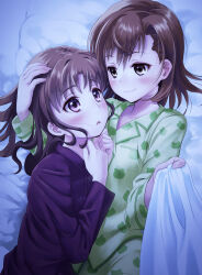 Rule 34 | 2girls, blush, breasts, brown eyes, brown hair, closed mouth, collarbone, hand on another&#039;s head, highres, long hair, looking at another, misaka mikoto, multiple girls, on bed, open mouth, pajamas, shirai kuroko, short hair, small breasts, smile, toaru majutsu no index, yonabe, yuri