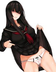 Rule 34 | 1girl, bad id, bad twitter id, black hair, black sailor collar, black serafuku, black shirt, black skirt, bow, bow panties, breasts, cameltoe, clothes lift, cocq taichou, copyright request, dutch angle, head tilt, large breasts, lifting own clothes, long hair, long sleeves, looking at viewer, neckerchief, panties, pleated skirt, red eyes, red neckerchief, sailor collar, school uniform, serafuku, shirt, simple background, skirt, skirt lift, solo, standing, underwear, white background, white panties