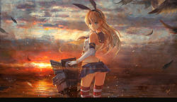 Rule 34 | 1girl, albert goodwin, anchor hair ornament, blonde hair, blue eyes, breasts, cloud, cloudy sky, cowboy shot, crop top, elbow gloves, feathers, fine art parody, gloves, hair ornament, highleg, highleg panties, highres, itsu no, jpeg artifacts, kantai collection, long hair, looking at viewer, looking back, microskirt, midriff, ocean, outdoors, panties, parody, pleated skirt, rensouhou-chan, sailor collar, shimakaze (kancolle), shirt, skirt, sky, sleeveless, sleeveless shirt, small breasts, solo, striped clothes, striped thighhighs, sunset, thighhighs, third-party edit, thong, underwear, white gloves