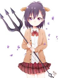 Rule 34 | 10s, 1girl, bafarin, blush, buttons, cardigan, collar, collared shirt, cowboy shot, demon horns, dot nose, frown, gabriel dropout, hair between eyes, hair ornament, hairclip, half updo, highres, holding, holding weapon, horns, long sleeves, looking at viewer, neck ribbon, open cardigan, open clothes, plaid, plaid skirt, pleated skirt, polearm, purple eyes, purple hair, red ribbon, ribbon, school uniform, shirt, short hair, simple background, skirt, solo, trident, tsurime, vignette tsukinose april, weapon, white background, x hair ornament