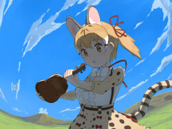 Rule 34 | 1girl, animal ears, belt, blue sky, bow, bowtie, brown eyes, brown hair, cat ears, cat girl, cat tail, extra ears, highres, instrument, kemono friends, kemono friends v project, large-spotted genet (kemono friends), nature, open mouth, ribbon, shirt, short hair, skirt, sky, solo, suspenders, tail, twintails, violin, virtual youtuber, y0whqzz8bkslezl