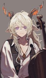 Rule 34 | 1boy, animal ears, arknights, bishounen, cello, goat boy, goat ears, goat horns, grey background, highres, horns, instrument, jewelry, kreide (arknights), long hair, male focus, necklace, purple eyes, shima (shimmer 7y), shirt, simple background, smile, solo, upper body, white hair, white shirt