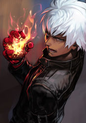 Rule 34 | 1boy, black jacket, blue eyes, dark-skinned male, dark skin, fire, gauntlets, hand up, hungry clicker, jacket, k&#039; (kof), male focus, open mouth, pyrokinesis, short hair, simple background, snk, solo, the king of fighters, the king of fighters xiv, upper body, v-shaped eyebrows, white hair