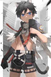 Rule 34 | 1boy, absurdres, animal ears, asuka shirou, asymmetrical gloves, bishounen, black hair, black shorts, blue eyes, building, cat ears, cat tail, close-up, closed mouth, commentary request, dated, extra ears, gloves, highres, looking at viewer, male focus, navel, original, outdoors, shorts, skyscraper, tail