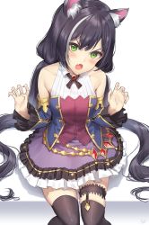 Rule 34 | 1girl, animal ear fluff, animal ears, athenawyrm, bare shoulders, black hair, black thighhighs, blush, breasts, cat ears, cat girl, fang, fingernails, frills, green eyes, highres, karyl (princess connect!), knees together feet apart, legwear garter, long fingernails, long hair, low twintails, paw pose, princess connect!, sharp fingernails, single legwear garter, skin fang, skindentation, small breasts, solo, thigh strap, thighhighs, thighs, twintails, very long hair, white background
