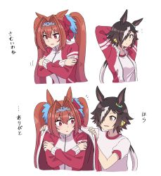 Rule 34 | 2girls, animal ears, arms behind head, brown eyes, brown hair, cold, commentary request, daiwa scarlet (umamusume), hair intakes, hair ornament, hair over one eye, highres, horse ears, horse girl, hoyon, jacket, jacket on shoulders, long hair, long sleeves, multicolored hair, multiple girls, open clothes, open jacket, red eyes, simple background, tiara, track jacket, translation request, twintails, two-tone hair, umamusume, upper body, vodka (umamusume), white background, white hair