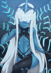 Rule 34 | 001 (darling in the franxx), 10s, 1girl, absurdly long hair, bare shoulders, blue eyes, blue skin, blunt bangs, breasts, colored skin, crossed legs, darling in the franxx, glowing, glowing eyes, hand on own cheek, hand on own face, hime cut, horns, long hair, looking at viewer, nandz, navel, sitting, small breasts, solo, underboob, very long hair, white hair