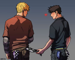 Rule 34 | 2boys, bara, black hair, blonde hair, blush, couple, cris art, denim, ear piercing, facial hair, feet out of frame, from behind, heart, hulkling, jeans, layered sleeves, lgbt pride, male focus, marvel, multiple boys, pants, piercing, pulling another&#039;s clothes, short hair, sideburns, sideburns stubble, smile, stubble, wiccan, yaoi
