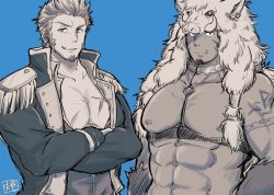 Rule 34 | 2boys, abs, animal hood, bara, bare pectorals, beard, blue eyes, boar hood, body fur, brown hair, chest harness, crossed arms, crossover, epaulettes, facial hair, facial mark, fang, fate/grand order, fate (series), gullinbursti (housamo), harness, hat, hood, large pectorals, long sideburns, looking at viewer, male focus, military, military uniform, multiple boys, muscular, napoleon bonaparte (fate), nina27 sg, pectorals, scar, sideburns, simple background, smile, tokyo houkago summoners, uniform