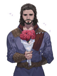 Rule 34 | 1boy, arm behind back, artist name, baldur&#039;s gate, baldur&#039;s gate 3, beard, black eyes, black hair, blue robe, bouquet, byuub, commentary, cowboy shot, dungeons &amp; dragons, english commentary, facial hair, facial mark, flower, gale (baldur&#039;s gate), holding, holding bouquet, looking at viewer, male focus, medium hair, mustache, red flower, red rose, robe, rose, signature, simple background, smile, solo, sparkle, standing, straight-on, white background