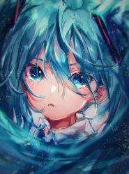 1girl :o aqua_eyes aqua_hair artist_request blurry depth_of_field hair_between_eyes hair_ornament hair_over_eyes hair_strand hatsune_miku highres irohatomo long_hair looking_at_viewer necktie portrait solo twintails vocaloid