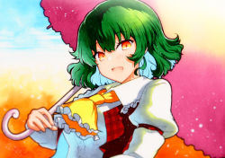 Rule 34 | 1girl, ascot, bad id, bad twitter id, blush, green hair, hair between eyes, highres, holding, holding umbrella, juliet sleeves, kazami yuuka, long sleeves, open mouth, orange eyes, plaid, plaid vest, puffy sleeves, qqqrinkappp, red vest, shirt, short hair, smile, solo, touhou, traditional media, umbrella, upper body, vest, white shirt, yellow ascot