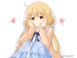 Rule 34 | 1girl, blonde hair, blue bow, blue dress, blush, bow, brown eyes, brown jacket, closed mouth, commentary request, dress, futaba anzu, hair bow, hands up, head tilt, heart, idolmaster, idolmaster cinderella girls, jacket, knees up, long hair, long sleeves, low twintails, mitya, open clothes, open jacket, plaid, plaid dress, sitting, sleeves past wrists, smile, solo, striped, striped bow, twintails, twitter username, very long hair