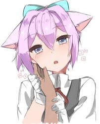 Rule 34 | 10s, 1girl, animal ears, blue eyes, blush, cat ears, fang, gloves, hair ornament, hand on another&#039;s cheek, hand on another&#039;s face, hand on another&#039;s head, holding hands, holding own arm, kantai collection, kemonomimi mode, looking at viewer, neck ribbon, open mouth, out of frame, pink hair, red ribbon, ribbon, school uniform, shiranui (kancolle), short hair, simple background, solo focus, takeshima eku, white background, white gloves