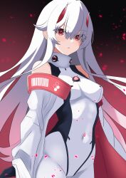 Rule 34 | armored-core, armored core, armored core 6, ayre (armored core 6), bare shoulders, bodysuit, highres, horns, long hair, long sleeves, oni, personification, red eyes, red horns, white hair