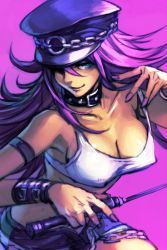 Rule 34 | 1girl, armband, bare shoulders, belt, belt collar, blue eyes, breasts, capcom, closed mouth, collar, commentary request, covered erect nipples, final fight, fingernails, hat, holding, hungry clicker, large breasts, long hair, looking at viewer, nail polish, peaked cap, poison (final fight), purple background, purple nails, riding crop, smile, solo, tank top, upper body