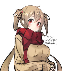 Rule 34 | 10s, 1girl, bad id, bad pixiv id, blush, brown hair, hair between eyes, kantai collection, long hair, looking at viewer, murasame (kancolle), nekobaka, red eyes, ribbed sweater, scarf, solo, sweater, twintails