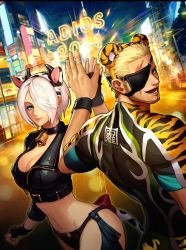 Rule 34 | 1boy, 1girl, angel (kof), animal ears, animal print, bra, breasts, chaps, chinese zodiac, cropped jacket, eyepatch, fingerless gloves, gloves, hair over one eye, jacket, large breasts, leather, leather jacket, official art, ramon (kof), snk, strapless, strapless bra, the king of fighters, the king of fighters all-stars, the king of fighters xiv, tiger ears, tiger print, toned, underwear, white hair, year of the ox, year of the tiger