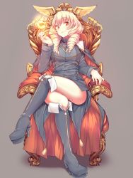 Rule 34 | 1girl, alternate costume, arm support, black footwear, blonde hair, blush, bonkiru, boots, cape, chair, commission, crossed legs, drill hair, erika wagner, fire, full body, head tilt, high heel boots, high heels, highres, long hair, long sleeves, looking at viewer, red eyes, simple background, sitting, smile, solo, thighs, throne, turtleneck, twin drills, twintails, under night in-birth, under night in-birth exe:late[st], zipper footwear